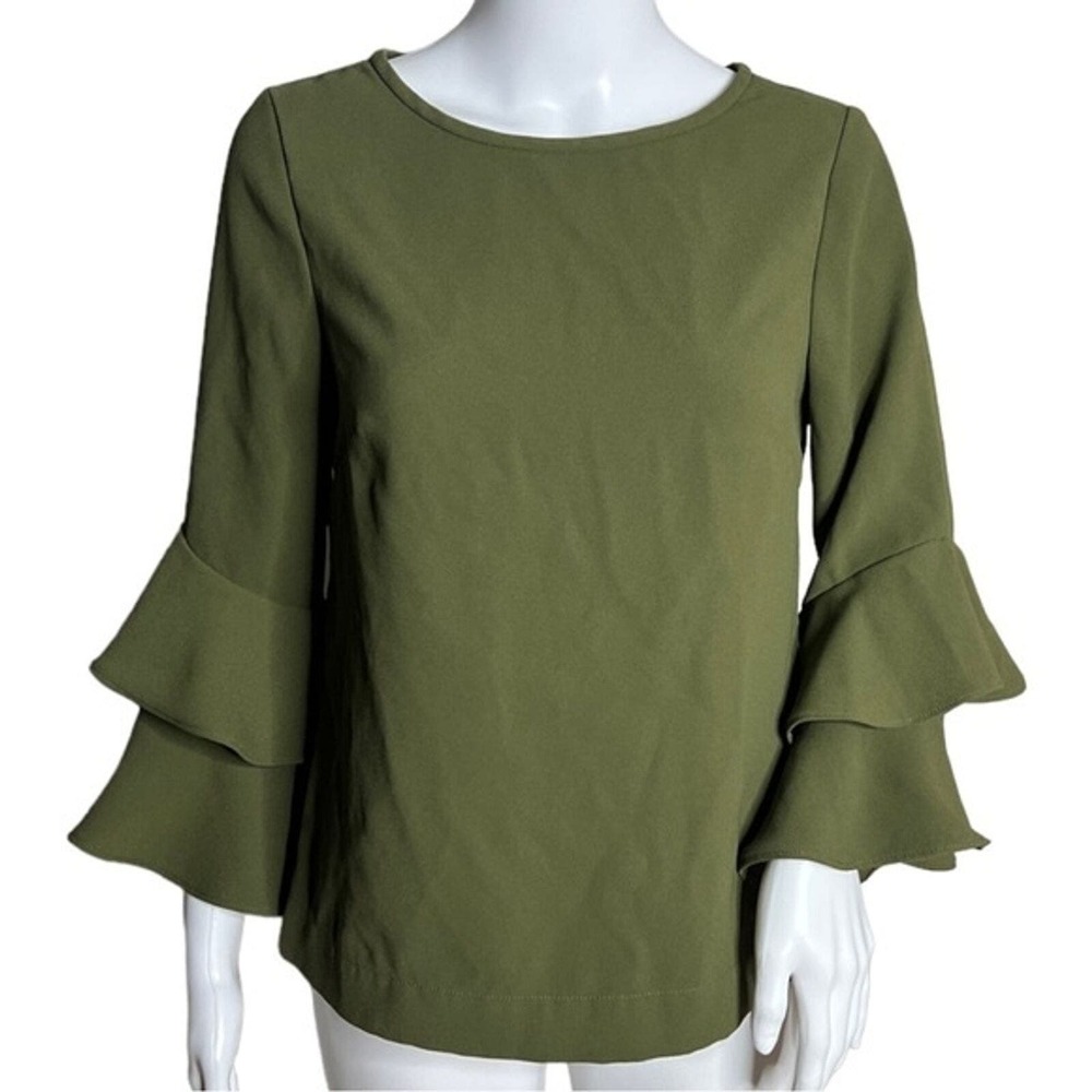 J. Crew Shirt Women 2 Loden Green Tiered Bell Sleeve Drapey Casual Preppy Office